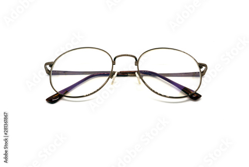 Classic vintage brown stylish round optical glasses on white background,isolated.