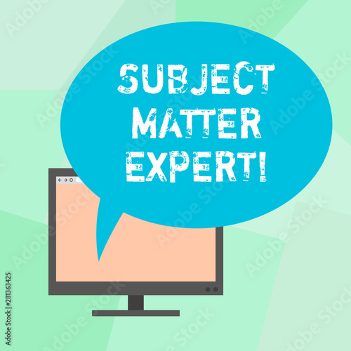 Conceptual hand writing showing Subject Matter Expert. Business photo text Person who is an authority in a particular area Mounted Computer Blank Screen with Oval Color Speech Bubble