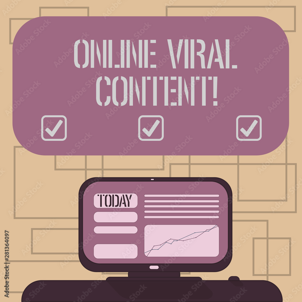 Text sign showing Online Viral Content. Conceptual photo Article that spreads rapidly online by website link Mounted Computer Screen with Line Graph on Desk Blank Color Text Box