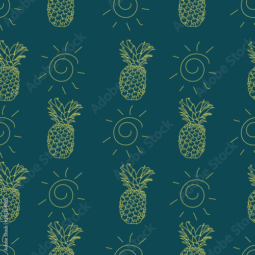Summery seamless pattern background with pineapple and sun motifs. 