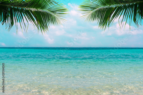 Fototapeta Naklejka Na Ścianę i Meble -  Retro collage photo of clear blue sea with sunny sky summer season with cloud and green coconut tree leaves in foreground.