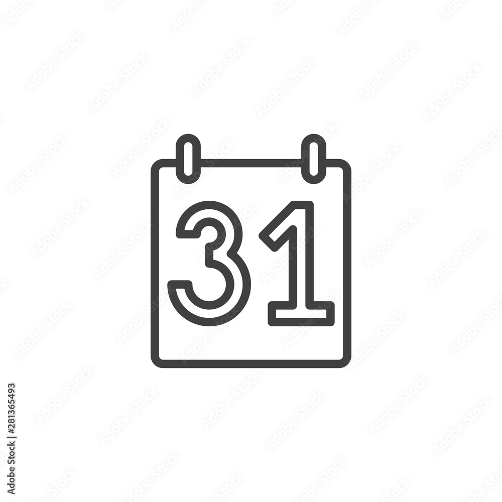 31 day calendar line icon. linear style sign for mobile concept and web design. Calendar thirty first date outline vector icon. Symbol, logo illustration. Vector graphics