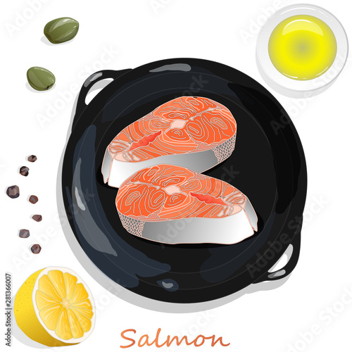 Raw salmon fillets on the pan with herbs. White background. Vector illustration, separated layers.