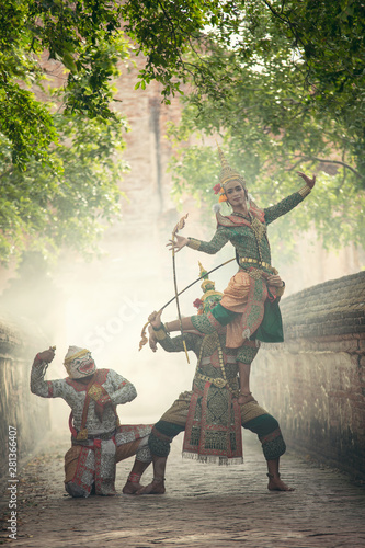 Canvas Print Art culture Thailand Dancing in masked khon(Mime) in literature ramayana,thailand culture Khon,A mime or mime artist is a person who uses mime as a theatrical medium or as a performance art