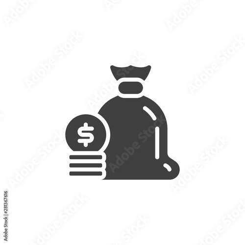 Money bag with coins vector icon. filled flat sign for mobile concept and web design. Dollar money bag glyph icon. Savings symbol, logo illustration. Vector graphics