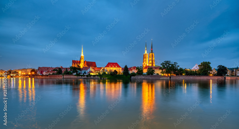 Panorama of the Cathedral Island in Wroclaw, Poland, at night 