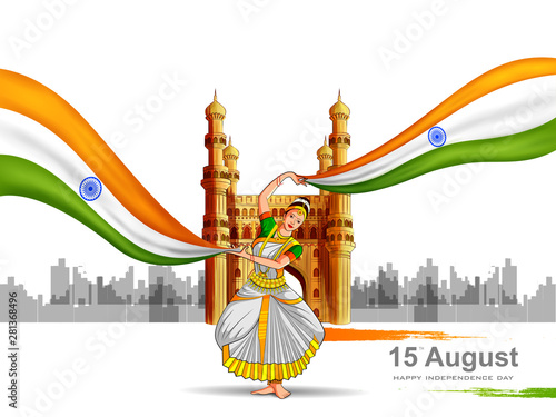 vector illustration of Lady dancer on Indian tricolor background for 15th August Happy Independence Day of India