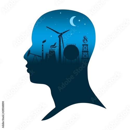 Head with industrial silhouettes. Energy and power industry. Double exposure. Moon and stars