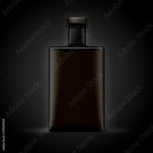 Vector 3d realistic whiskey bottle isolated on black background. Luxury mock-up for product package branding.