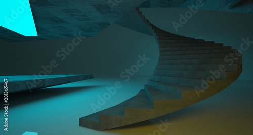 Abstract architectural concrete interior of a minimalist house with color gradient neon lighting. 3D illustration and rendering.