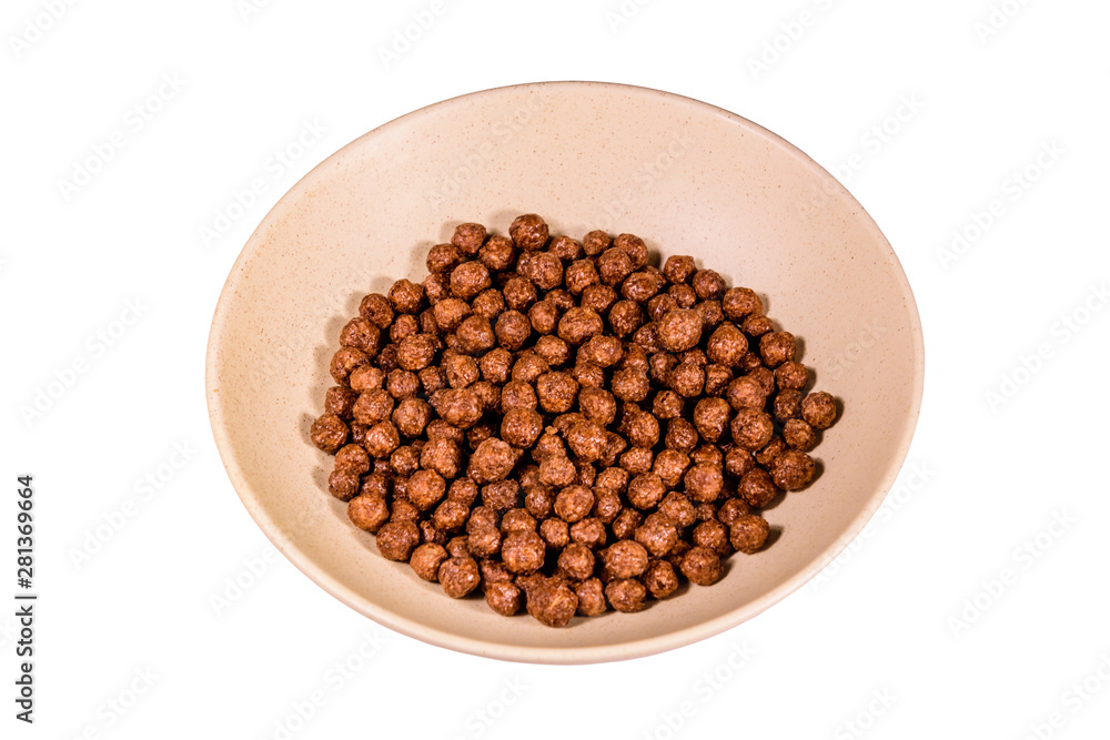 Ceramic plate with chocolate cereal balls isolated on a white background Ceramic plate with chocolate cereal balls isolated on a white background