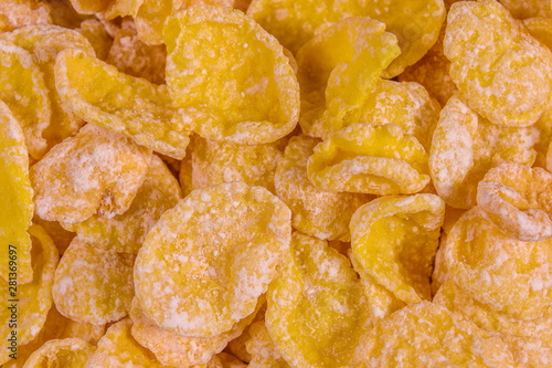 Background of the many yellow cornflakes. Healthy eating