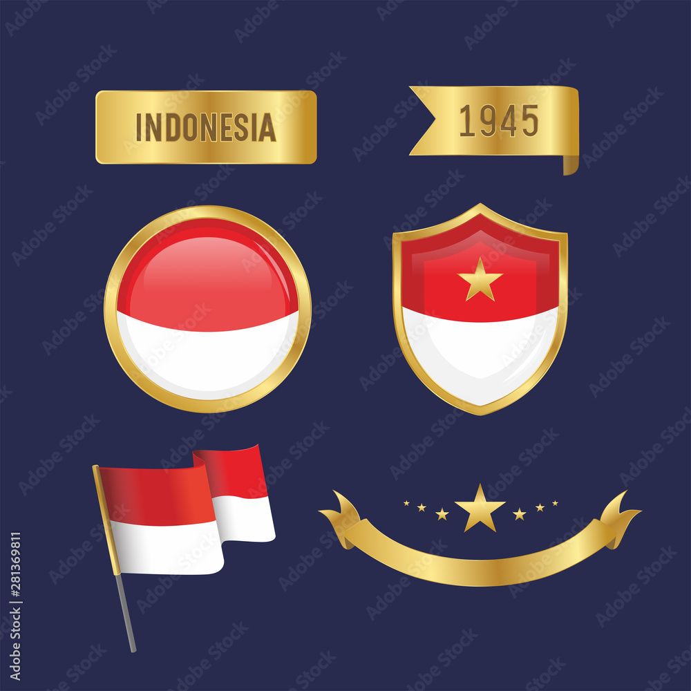 Obraz premium Indonesian Flag in gold badge and pole waving flag with exclusive gold ribbon and banner for independence day