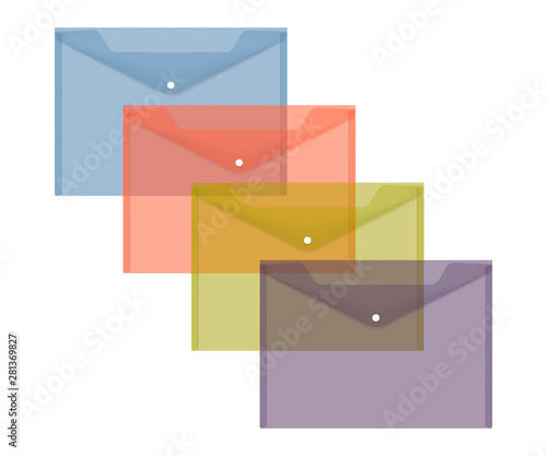 Clear plastic envelope bag with snap button, color vector set. Transparent document holders, realistic illustration