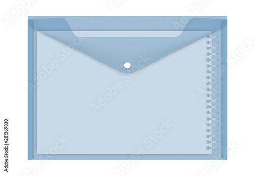 Clear plastic envelope with A4 spiral notebook inside, vector illustration. Transparent blue file holder with snap button, realistic template