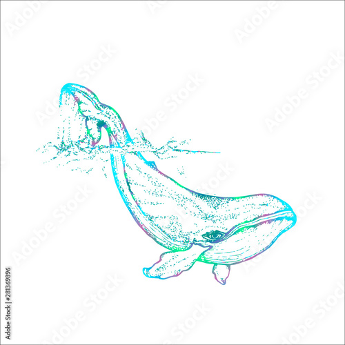 Neon illustration of a whale raising tail in the sea waves. An idea for a tattoo.