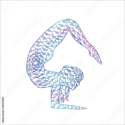 Neon illustration of a girl doing yoga. Psychedelic eye ornament.