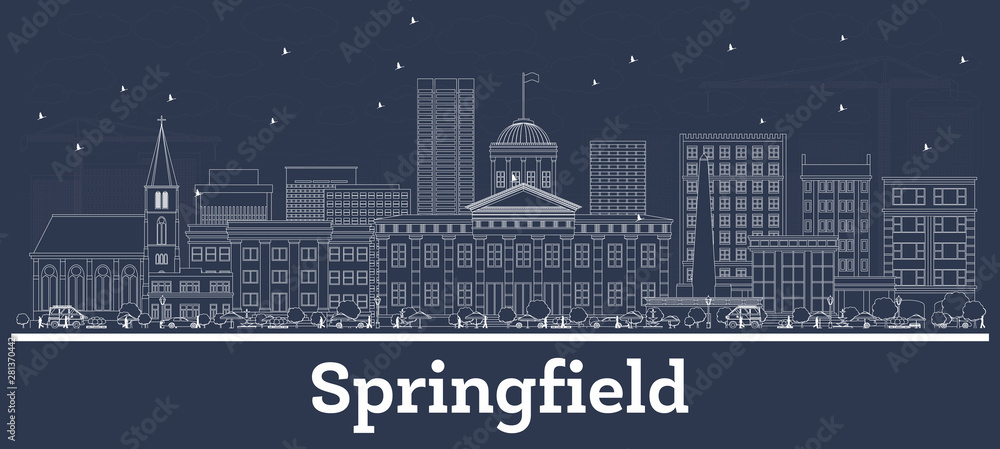 Outline Springfield Illinois City Skyline with White Buildings.