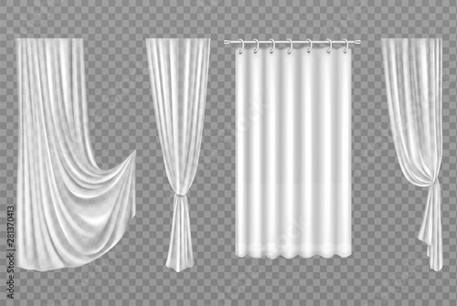 White curtains set isolated on transparent background. Folded cloth for window decoration  soft lightweight clear material  fabric hangings drapery of different forms. Realistic 3d vector illustration