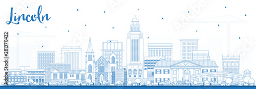 Outline Lincoln Nebraska City Skyline with Blue Buildings.