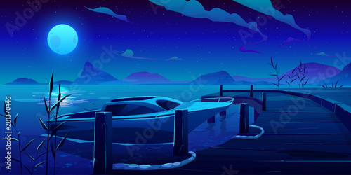 Boat, yacht moored to pier on night river or lake natural landscape with moon light reflecting on water surface, empty wooden wharf with rope on mountains view background. Cartoon vector illustration