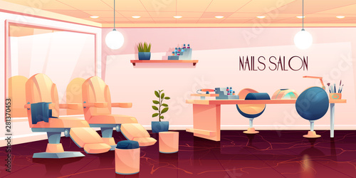 Salon for manicure, pedicure nails care beauty procedures, empty studio interior with furniture and appliances, table, transforming armchair, lamp and nail polishes palette Cartoon vector illustration