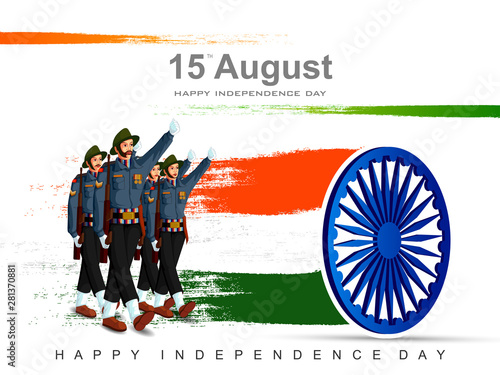 vector illustration of Army marching on Indian tricolor background for 15th August Happy Independence Day of India