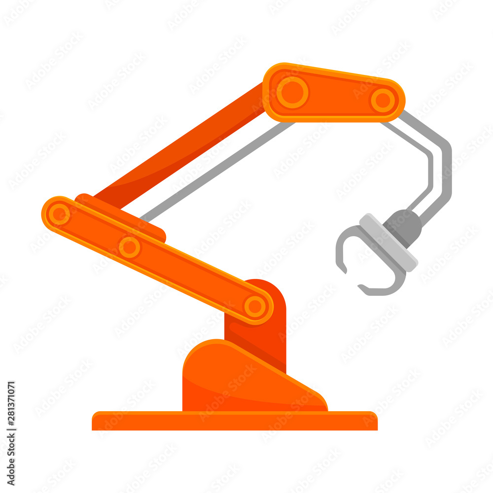 Bright orange robotic arm with an open claw. Vector illustration on white background. Bright orange robotic arm with an open claw. Vector illustration on white background.