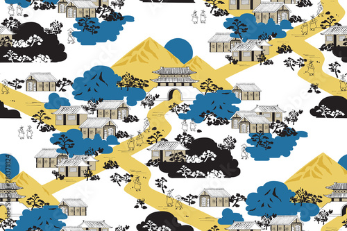 Vector illustration of seamless background with korean traditional motives. Design for web design, print project, poster, invitation, brochure, rapping and scrapbook. 