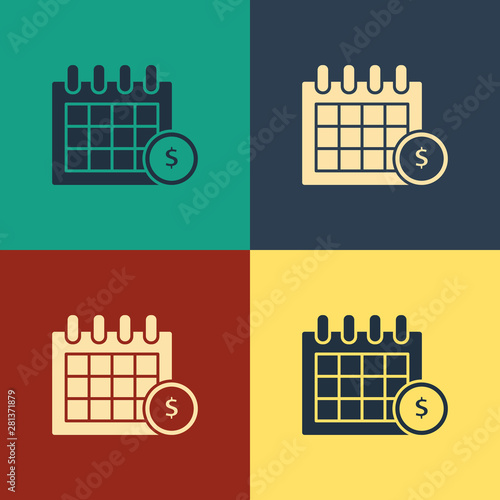 Color Financial calendar icon isolated on color background. Annual payment day, monthly budget planning, fixed period concept, loan duration. Vintage style drawing. Vector Illustration
