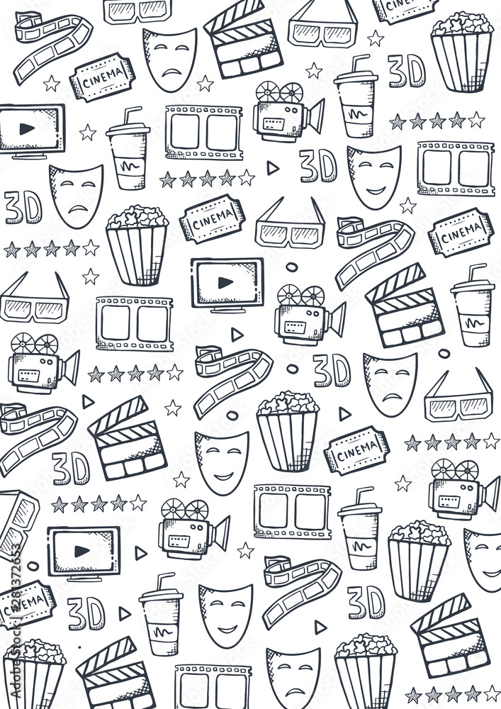 Hand draw Cinema doodle background. Movie Time. Hand draw Cinema doodle background. Movie Time.
