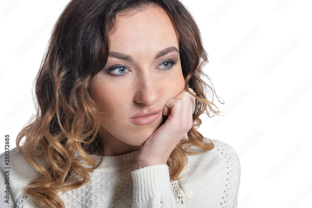 Portrait of beautiful curly young woman on white background Portrait of beautiful curly young woman on white background
