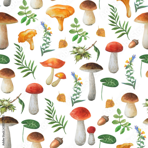 Seamless floral pattern on white background. Autumn collection. Watercolor hand drawn mushrooms and different leaves. 