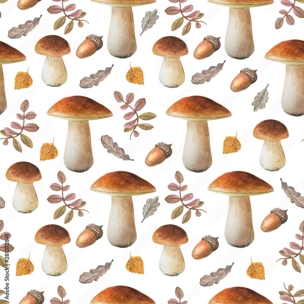 Naklejka Seamless floral pattern on white background. Autumn collection. Watercolor hand drawn boletus and different leaves.