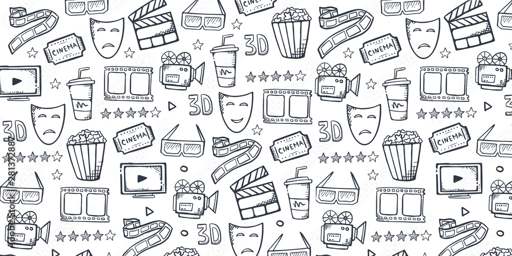 Hand draw Cinema doodle background. Movie Time. Hand draw Cinema doodle background. Movie Time.