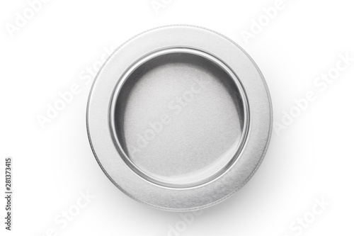 Top view of silver aluminum jar isolated on white background. Container for cosmetic or food.