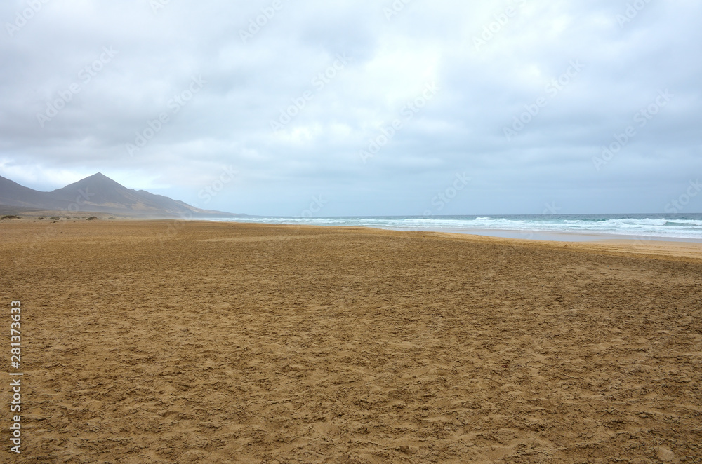 Wet Sand on a Long Beach After the Storm in Fuerteventura, Canary Islands