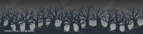 Happy Halloween footer or banner design decorated with spooky trees on orange
