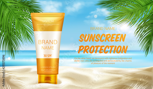 Sunscreen protection cosmetic, mock up banner, summer uv block cream tubes stand on sand at seascape background with palm leaves, skin care solar lotion. Realistic 3d vector illustration