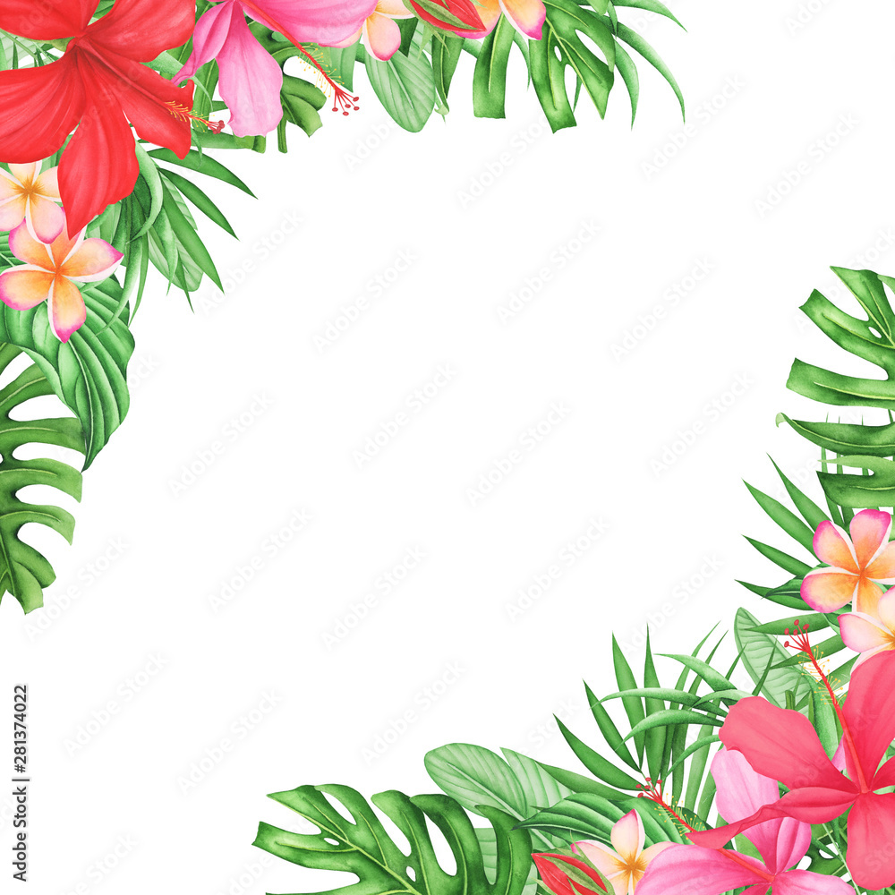 Frame with Tropical leaves and flowers set, watercolor painting ...