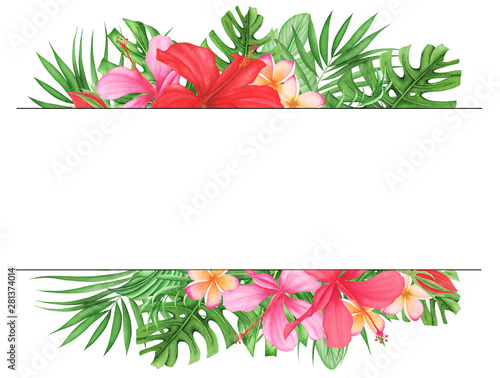 Frame with Tropical leaves and flowers set  watercolor painting. Monstera and palm leaves. Plumeria and hibiscus.