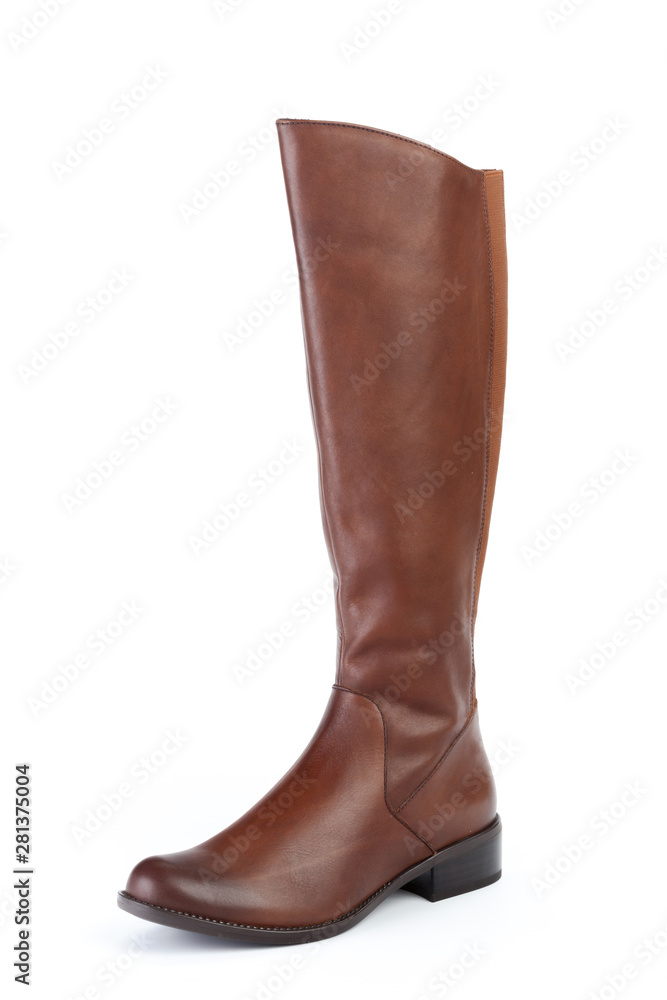 Woman high knee leather boots isolated on white background