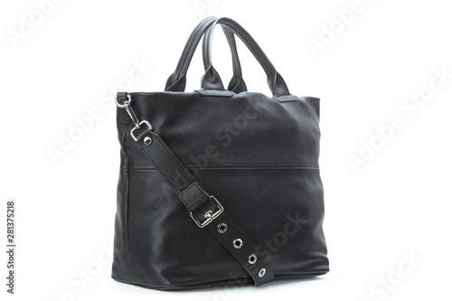 Black leather female handbag isolated on white background