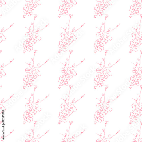 Line art illustration apple or peach brunch tree backdrop.Floral organic background. Vintage floral pattern