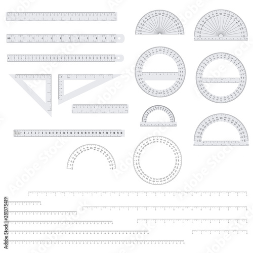 School set of paper ruler, protractor and triangle an measure scale overlays.