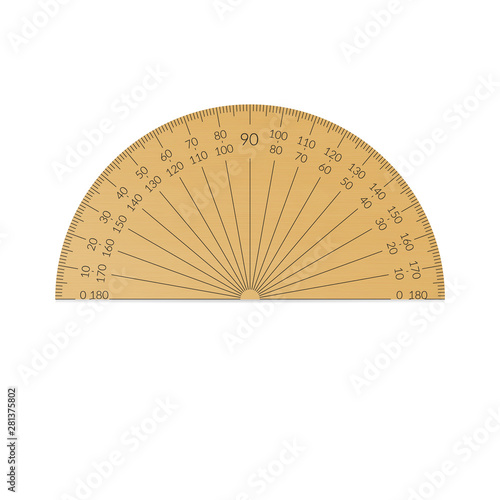 Wooden circular protractor with a 180 degree scale.