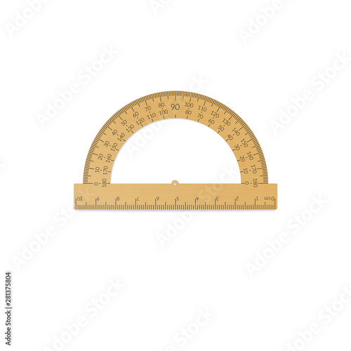 Wooden circular protractor with a ruler in metric units