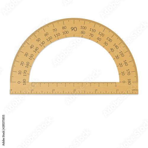 Wooden circular protractor with a ruler in metric and imperial units