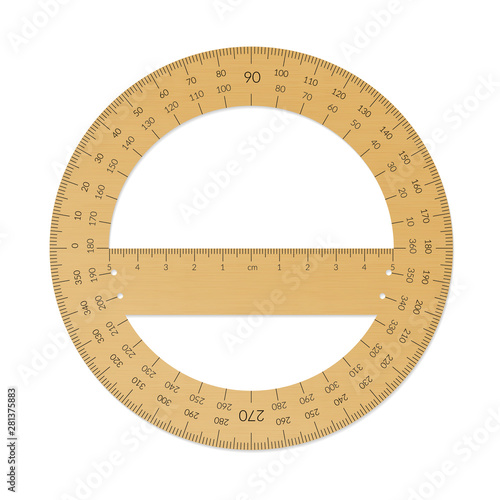 Wooden circular protractor with a ruler in metric units
