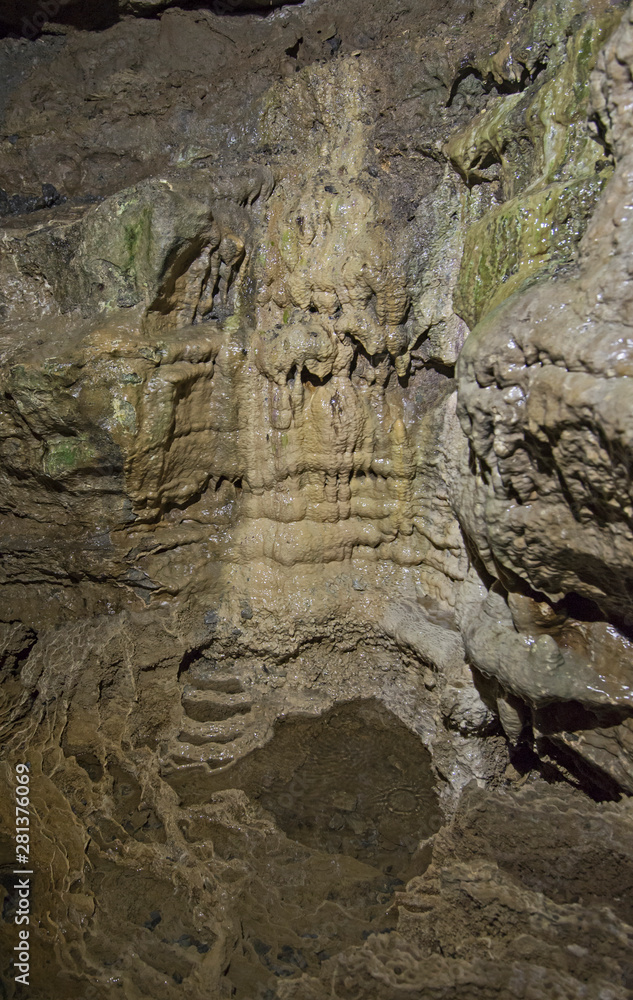 Geological rock formations in an underground cave